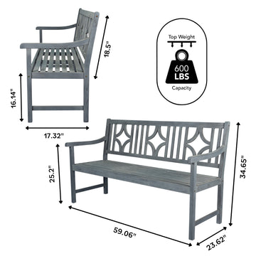 Sloane Ogee Diamond-Back 600-Lbs Support Acacia Wood Outdoor Garden Patio Bench - JONATHAN Y